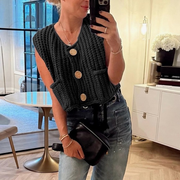 New Sweater Vest Chunky Knit Gold Button Down Sleeveless Knitted Cardigan Po… - Picture 6 of 13